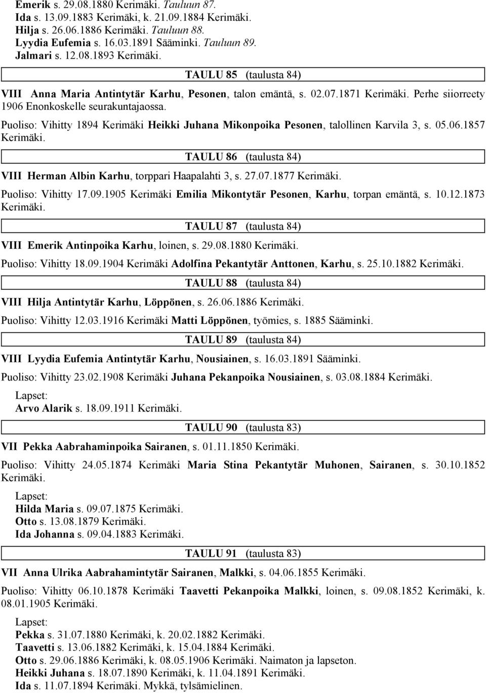 27.07.1877 Puoliso: Vihitty 17.09.1905 Kerimäki Emilia Mikontytär Pesonen, Karhu, torpan emäntä, s. 10.12.1873 TAULU 87 (taulusta 84) VIII Emerik Antinpoika Karhu, loinen, s. 29.08.