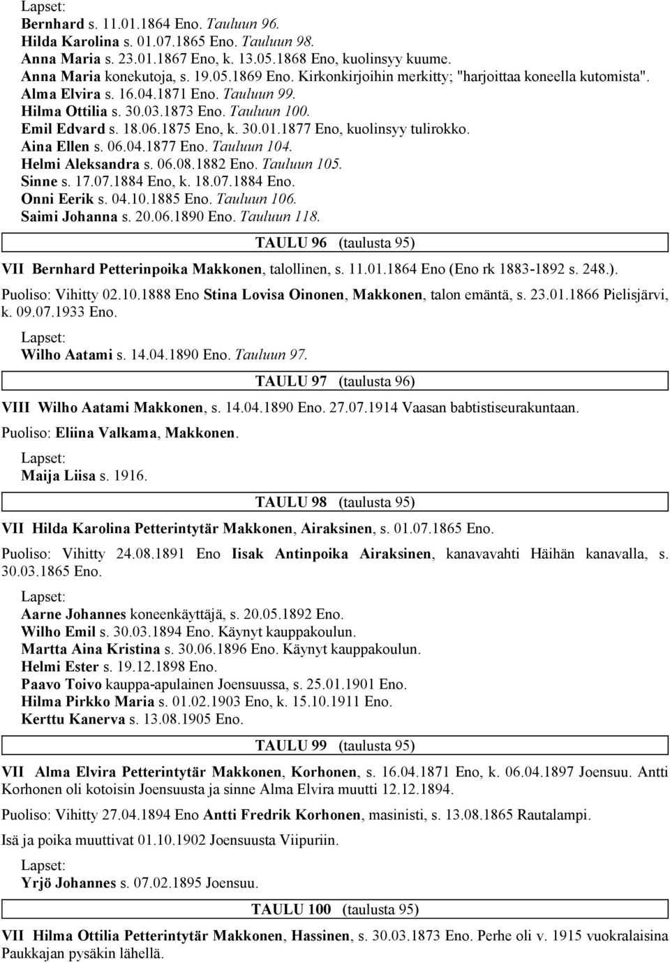 1877 Eno, kuolinsyy tulirokko. Aina Ellen s. 06.04.1877 Eno. Tauluun 104. Helmi Aleksandra s. 06.08.1882 Eno. Tauluun 105. Sinne s. 17.07.1884 Eno, k. 18.07.1884 Eno. Onni Eerik s. 04.10.1885 Eno.