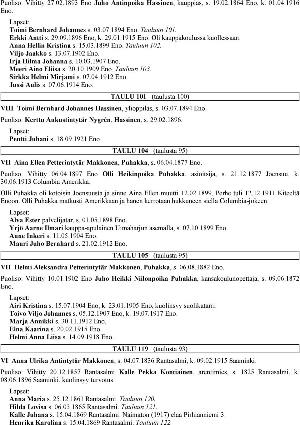 Tauluun 103. Sirkka Helmi Mirjami s. 07.04.1912 Eno. Jussi Aulis s. 07.06.1914 Eno. TAULU 101 (taulusta 100) VIII Toimi Bernhard Johannes Hassinen, ylioppilas, s. 03.07.1894 Eno.
