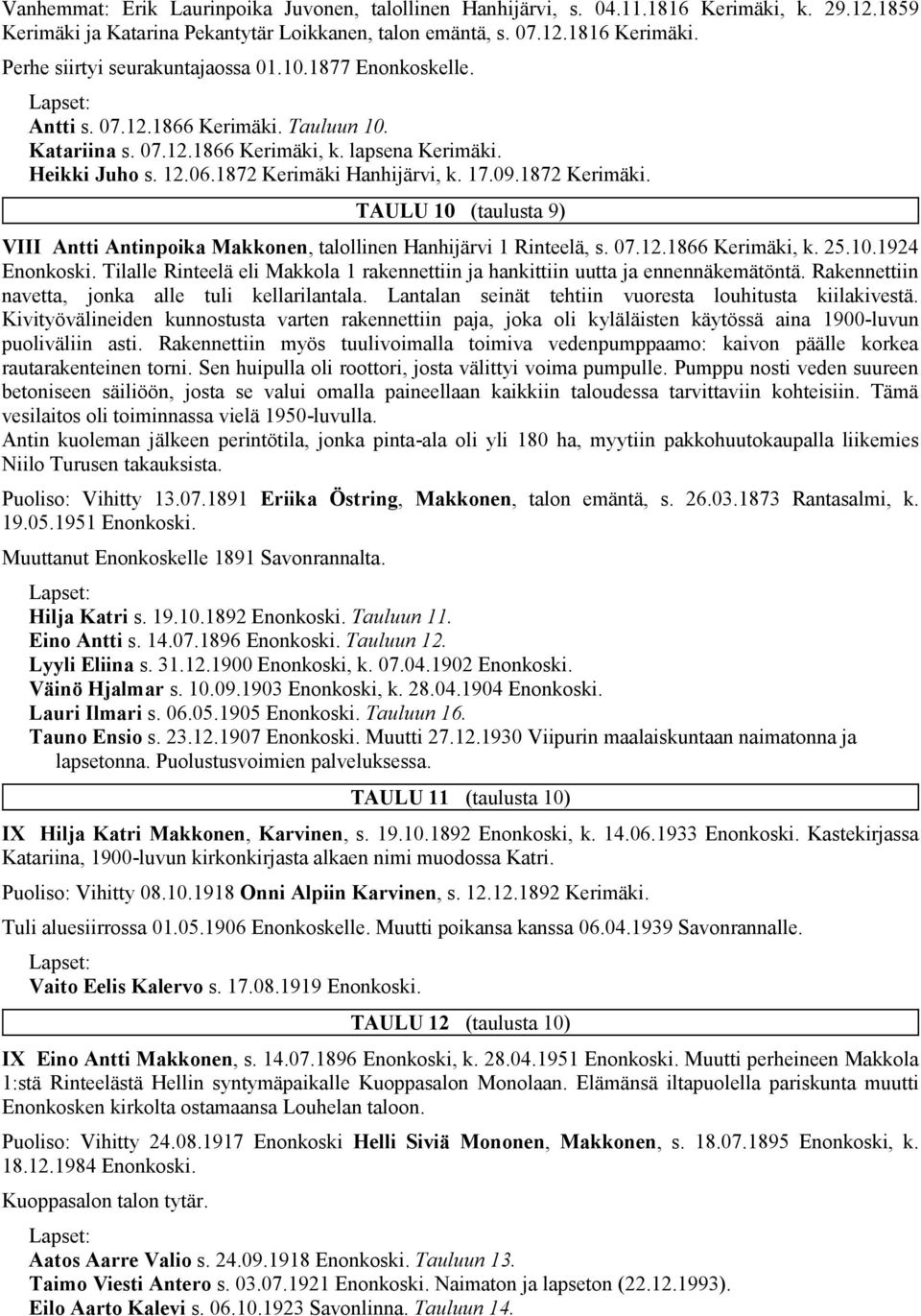 1872 TAULU 10 (taulusta 9) VIII Antti Antinpoika Makkonen, talollinen Hanhijärvi 1 Rinteelä, s. 07.12.1866 Kerimäki, k. 25.10.1924 Enonkoski.