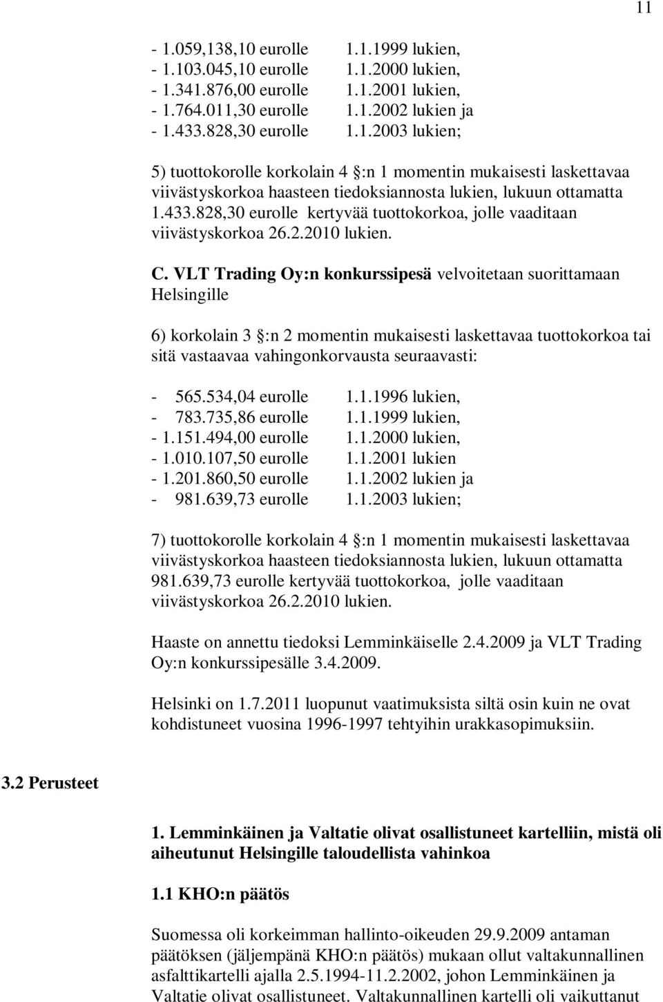 VLT Trading Oy:n konkurssipesä velvoitetaan suorittamaan Helsingille 6) korkolain 3 :n 2 momentin mukaisesti laskettavaa tuottokorkoa tai sitä vastaavaa vahingonkorvausta seuraavasti: - 565.