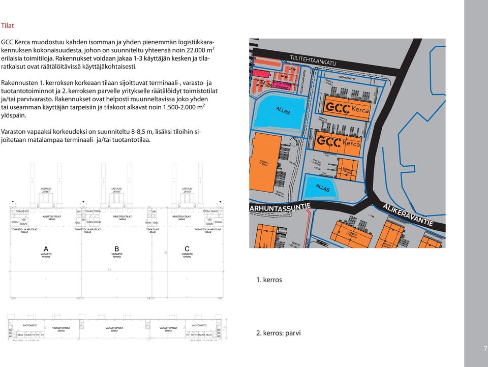 kerroksen korkeaan tilaan sijoittuvat terminaali-, varasto- ja tuotantotoiminnot ja 2. kerroksen parvelle yritykselle räätälöidyt toimistotilat ja/tai parvivarasto.