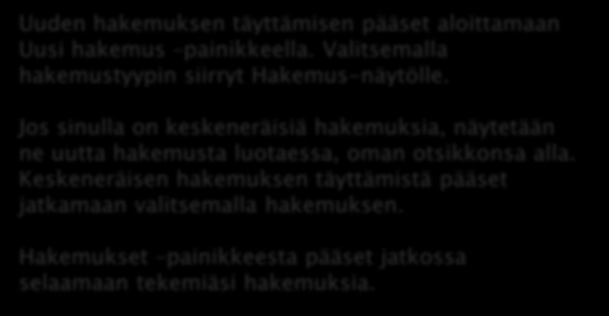 UUSI HAKEMUS Uuden hakemuksen täyttämisen pääset aloittamaan Uusi hakemus painikkeella.