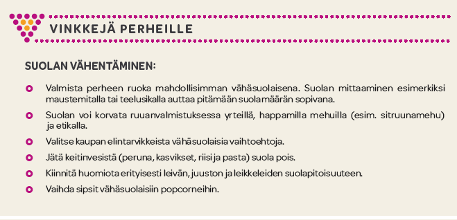 Suositukset suolasta: Imeväisikä: Ei suolaa Alle