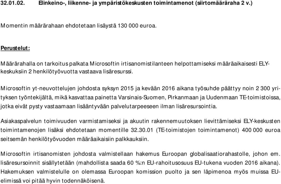 Microsoftin yt-neuvottelujen johdosta syksyn 2015 ja kevään 2016 aikana työsuhde päättyy noin 2 300 yrityksen työntekijältä, mikä kasvattaa painetta Varsinais-Suomen, Pirkanmaan ja Uudenmaan