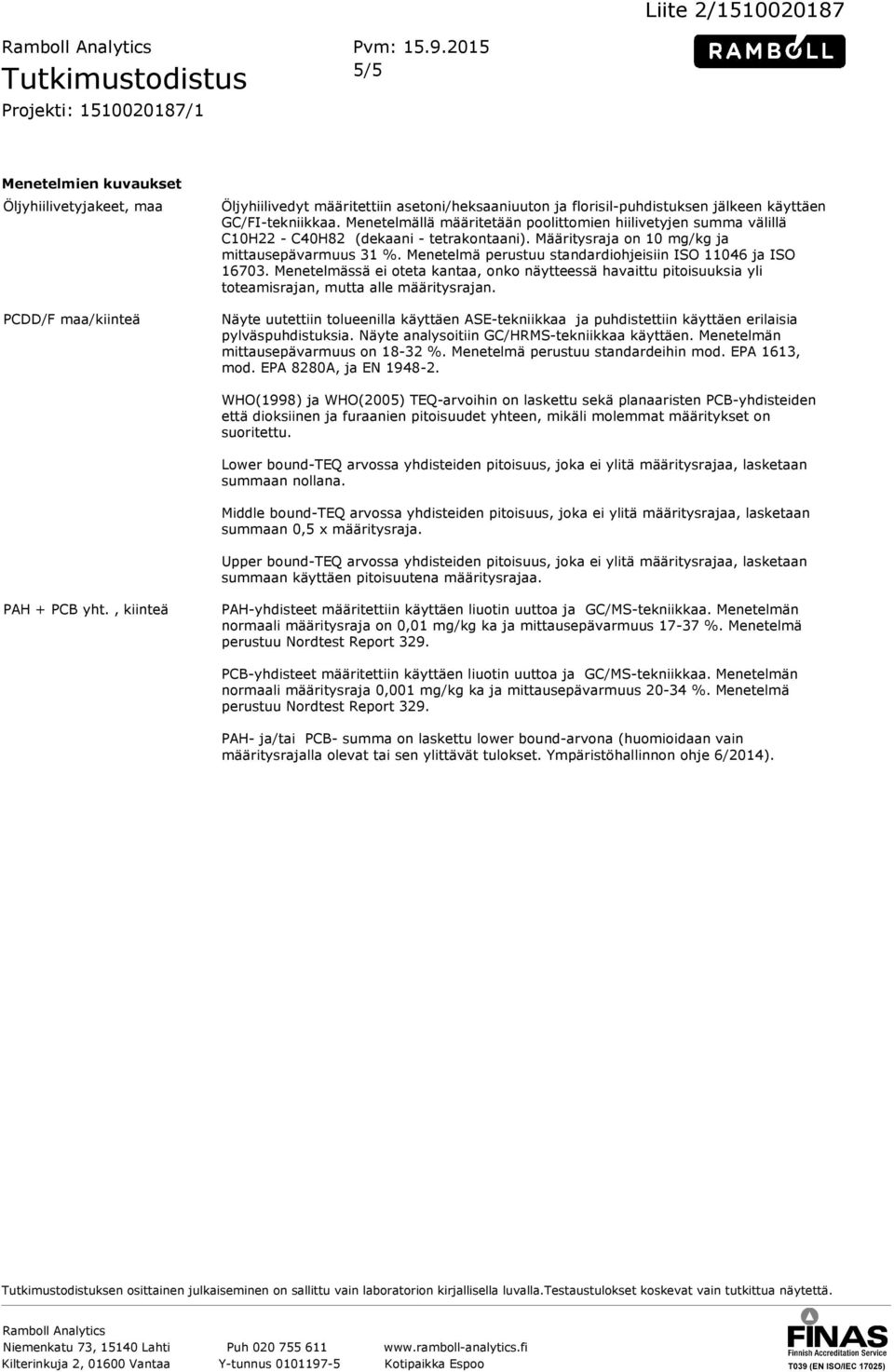 käyttäen GC/FI-tekniikkaa. Menetelmällä määritetään poolittomien hiilivetyjen summa välillä C10H22 - C40H82 (dekaani - tetrakontaani). Määritysraja on 10 mg/kg ja mittausepävarmuus 31 %.