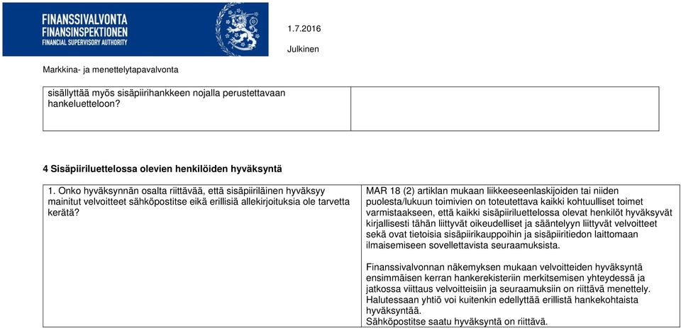 MAR 18 (2) artiklan mukaan liikkeeseenlaskijoiden tai niiden puolesta/lukuun toimivien on toteutettava kaikki kohtuulliset toimet varmistaakseen, että kaikki sisäpiiriluettelossa olevat henkilöt