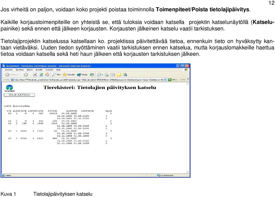 Korjausten jälkeinen katselu vaatii tarkistuksen. Tietolajiprojektin katselussa katsellaan ko.