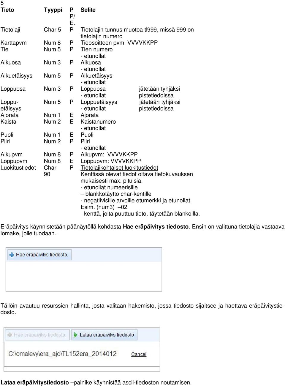 Alkuetäisyys Num 5 P Alkuetäisyys - etunollat Loppuosa Num 3 P Loppuosa jätetään tyhjäksi - etunollat pistetiedoissa Loppuetäisyys Ajorata Num 1 E Ajorata Kaista Num 2 E Kaistanumero - etunollat