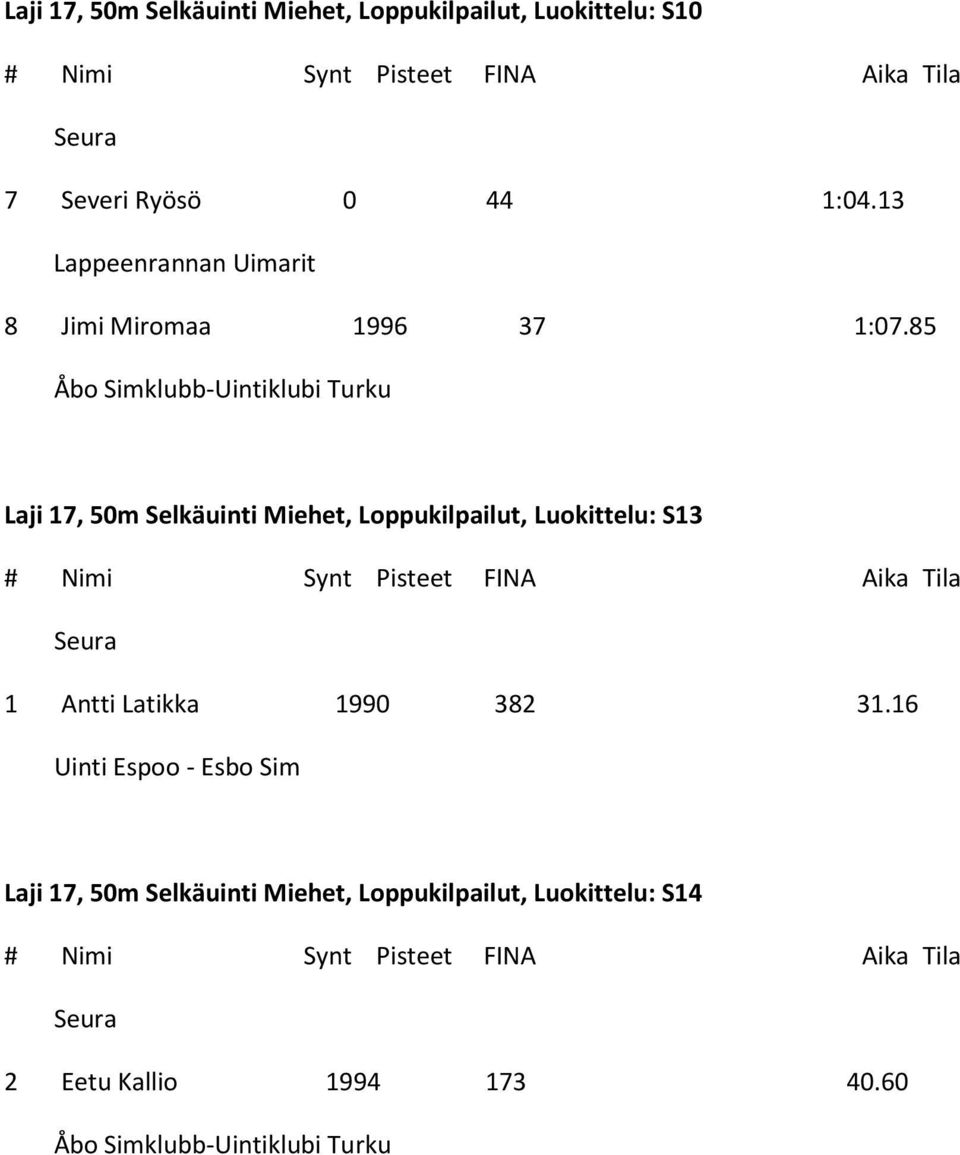 85 Laji 17, 50m Selkäuinti Miehet, Loppukilpailut, Luokittelu: S13 1 Antti Latikka