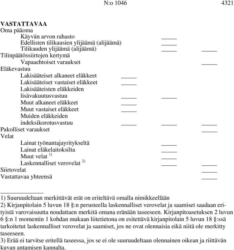 Pakolliset varaukset Velat Lainat työnantajayritykseltä Lainat eläkelaitoksilta Muut velat 1) Laskennalliset verovelat 2) Siirtovelat Vastattavaa yhteensä 1) Suuruudeltaan merkittävät erät on