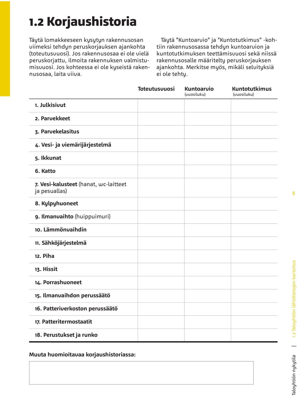 Täytä Kuntoarvio ja Kuntotutkimus -kohtiin rakennusosassa tehdyn kuntoarvion ja kuntotutkimuksen teettämisvuosi sekä niissä rakennusosalle määritelty peruskorjauksen ajankohta.