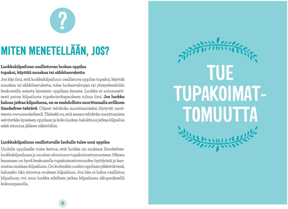 luokanvalvojan tai yhteyshenkilön keskustella asiasta kyseisen oppilaan kanssa. Luokka ei automaattisesti putoa kilpailusta tupakointitapauksen tultua ilmi.