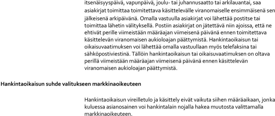 Postiin asiakirjat on jätettävä niin ajoissa, että ne ehtivät perille viimeistään määräajan viimeisenä päivänä ennen toimitettava käsittelevän viranomaisen aukioloajan päättymistä.