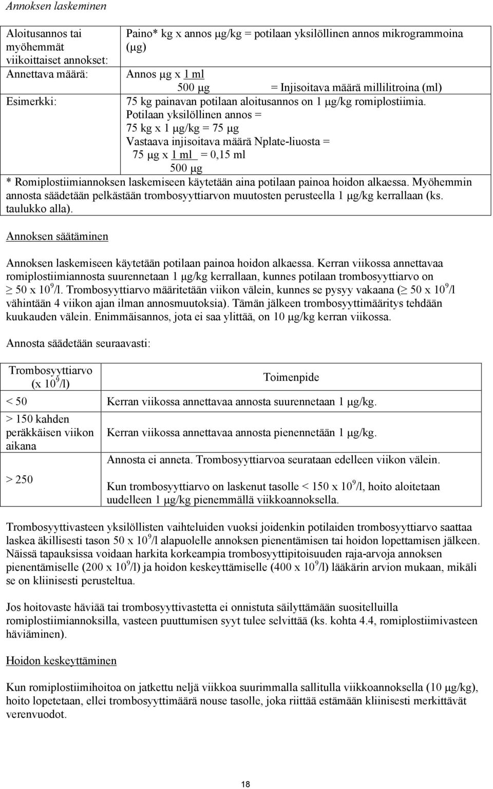 Potilaan yksilöllinen annos = 75 kg x 1 µg/kg = 75 µg Vastaava injisoitava määrä Nplate-liuosta = 75 µg x 1 ml = 0,15 ml 500 µg * Romiplostiimiannoksen laskemiseen käytetään aina potilaan painoa