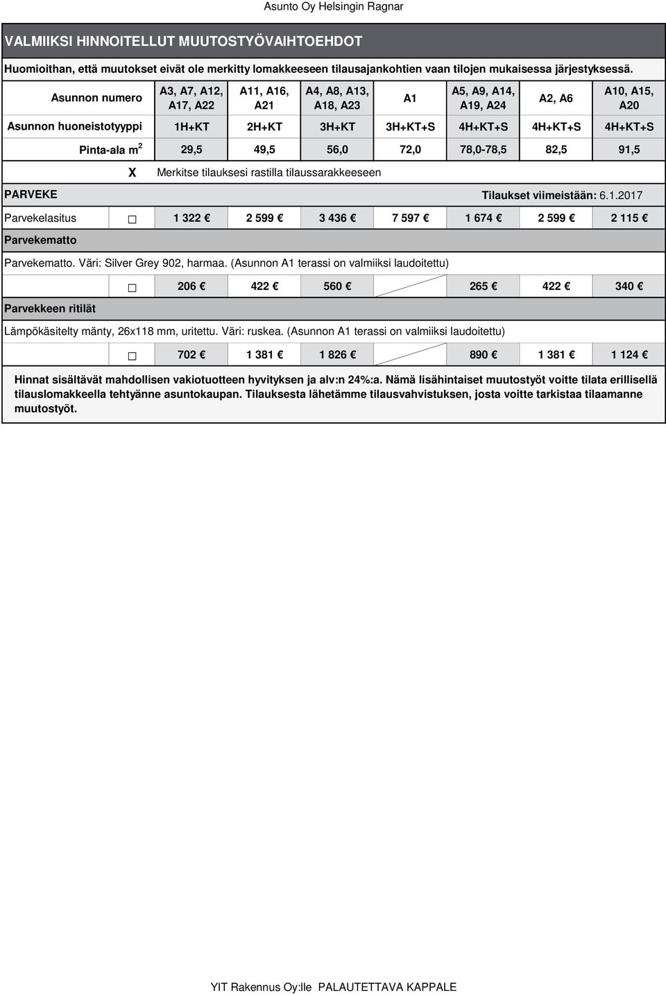 4H+KT+S 4H+KT+S 4H+KT+S 29,5 49,5 56,0 72,0 78,0-78,5 82,5 91,5 Merkitse tilauksesi rastilla tilaussarakkeeseen Tilaukset viimeistään: 6.1.2017 Parvekelasitus 1 322 2 599 3 436 7 597 1 674 2 599 2 115 Parvekematto Parvekematto.