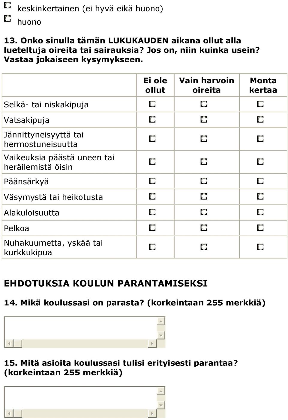 Selkä- tai niskakipuja Vatsakipuja Jännittyneisyyttä tai hermostuneisuutta Vaikeuksia päästä uneen tai heräilemistä öisin Päänsärkyä Väsymystä tai