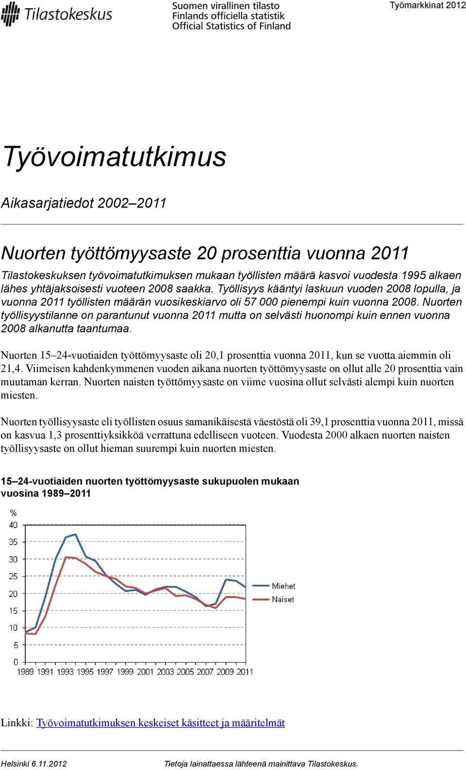 vuonna mutta on selvästi huonompi kuin ennen vuonna 200 alkanutta taantumaa Nuorten 1 2-vuotiaiden työttömyysaste oli 20,1 prosenttia vuonna, kun se vuotta aiemmin oli 21, Viimeisen kahdenkymmenen