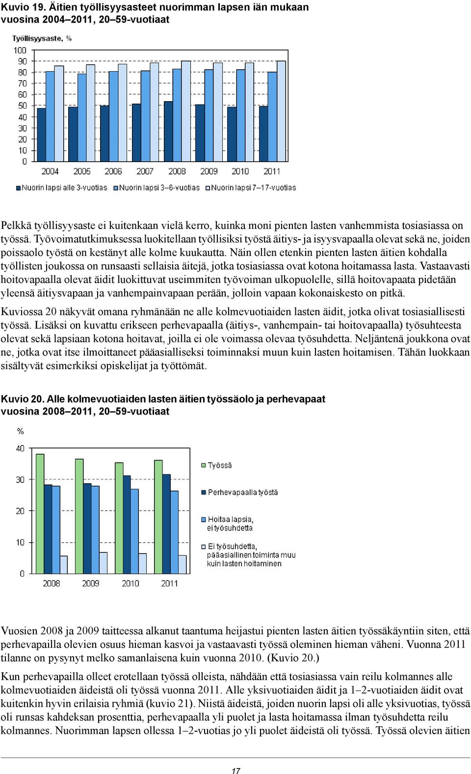 kohdalla työllisten joukossa on runsaasti sellaisia äitejä, jotka tosiasiassa ovat kotona hoitamassa lasta Vastaavasti hoitovapaalla olevat äidit luokittuvat useimmiten työvoiman ulkopuolelle, sillä