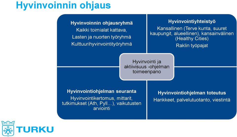 kansainvälinen (Healthy Cities) Raklin työpajat Hyvinvointi ja aktiivisuus -ohjelman toimeenpano Hyvinvointiohjelman