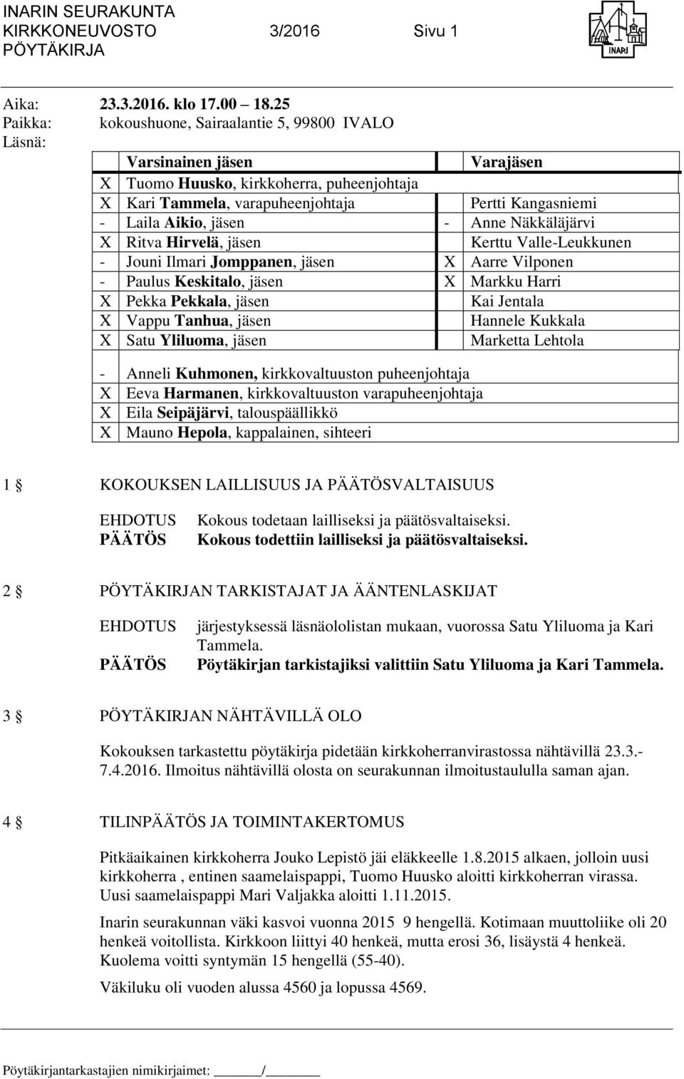 jäsen - Anne Näkkäläjärvi X Ritva Hirvelä, jäsen Kerttu Valle-Leukkunen - Jouni Ilmari Jomppanen, jäsen X Aarre Vilponen - Paulus Keskitalo, jäsen X Markku Harri X Pekka Pekkala, jäsen Kai Jentala X