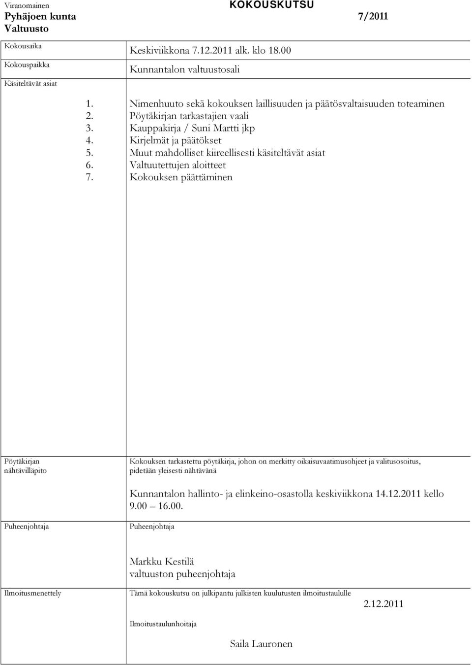 12.2011 alk. klo 18.00 Kunnantalon valtuustosali 1. 2. 3. 4. 5. 6. 7.
