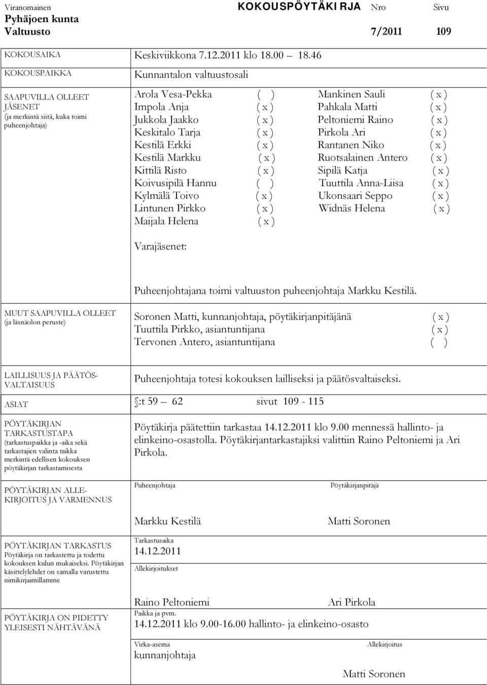 Jukkola Jaakko ( x ) Peltoniemi Raino ( x ) Keskitalo Tarja ( x ) Pirkola Ari ( x ) Kestilä Erkki ( x ) Rantanen Niko ( x ) Kestilä Markku ( x ) Ruotsalainen Antero ( x ) Kittilä Risto ( x ) Sipilä