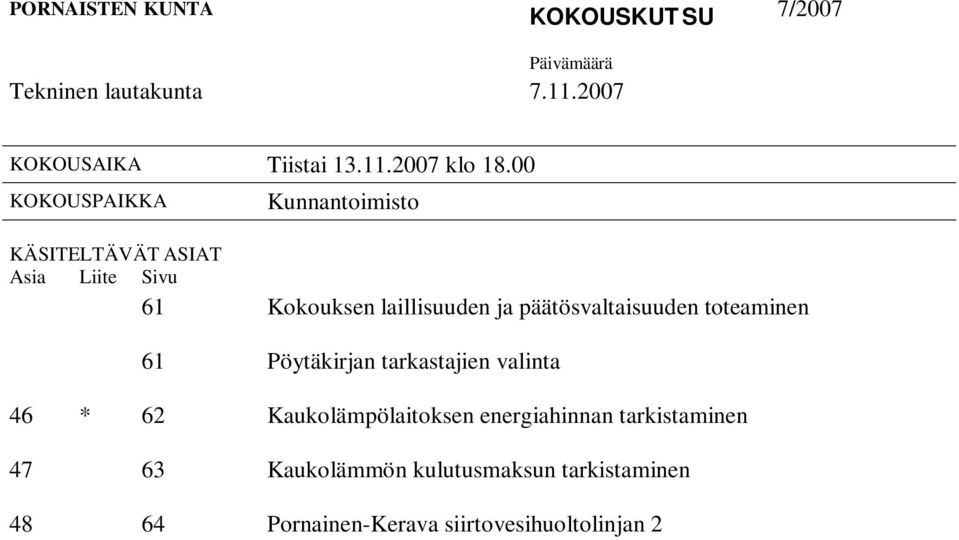 62 Kaukolämpölaitoksen energiahinnan tarkistaminen 47 63 Kaukolämmön kulutusmaksun tarkistaminen 48 64 Pornainen-Kerava siirtovesihuoltolinjan 2 4 rakennusvaiheiden
