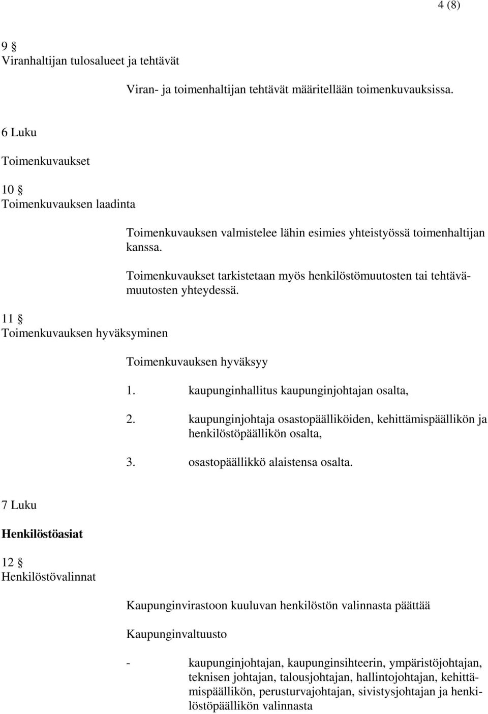 Toimenkuvaukset tarkistetaan myös henkilöstömuutosten tai tehtävämuutosten yhteydessä. Toimenkuvauksen hyväksyy 1. kaupunginhallitus kaupunginjohtajan osalta, 2.