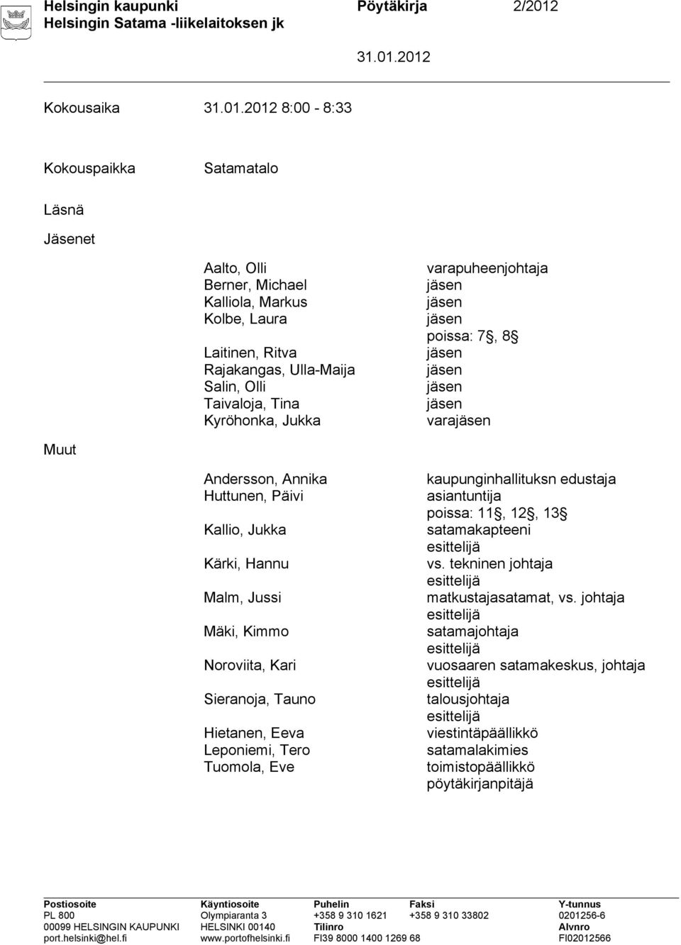 Mäki, Kimmo Noroviita, Kari Sieranoja, Tauno Hietanen, Eeva Leponiemi, Tero Tuomola, Eve kaupunginhallituksn edustaja asiantuntija poissa: 11, 12, 13 satamakapteeni esittelijä vs.