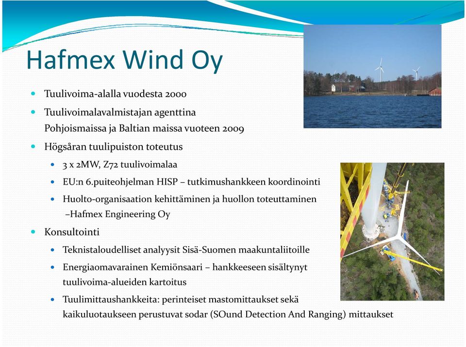 puiteohjelman HISP tutkimushankkeen koordinointi Huolto organisaation kehittäminen ja huollon toteuttaminen Hafmex Engineering Oy Konsultointi