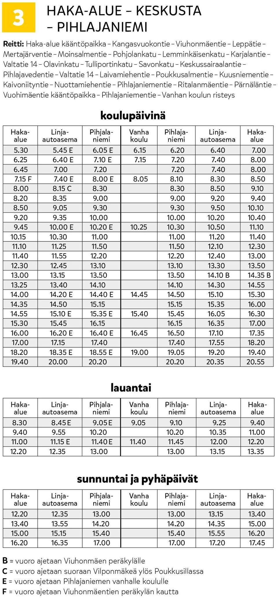 Vuohimäentie kääntöpaikka Pihlajaniementie n n risteys päivinä 5.30 5.45 E 6.05 E 6.15 6.20 6.40 7.00 6.25 6.40 E 7.10 E 7.15 7.20 7.40 8.00 6.45 7.00 7.20 7.20 7.40 8.00 7.15 F 7.40 E 8.00 E 8.05 8.