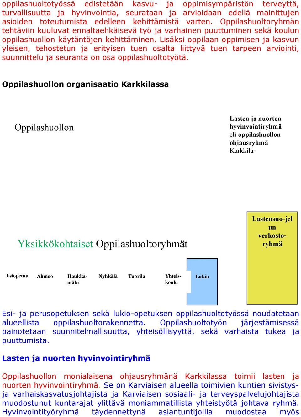 Lisäksi oppilaan oppimisen ja kasvun yleisen, tehostetun ja erityisen tuen osalta liittyvä tuen tarpeen arviointi, suunnittelu ja seuranta on osa oppilashuoltotyötä.