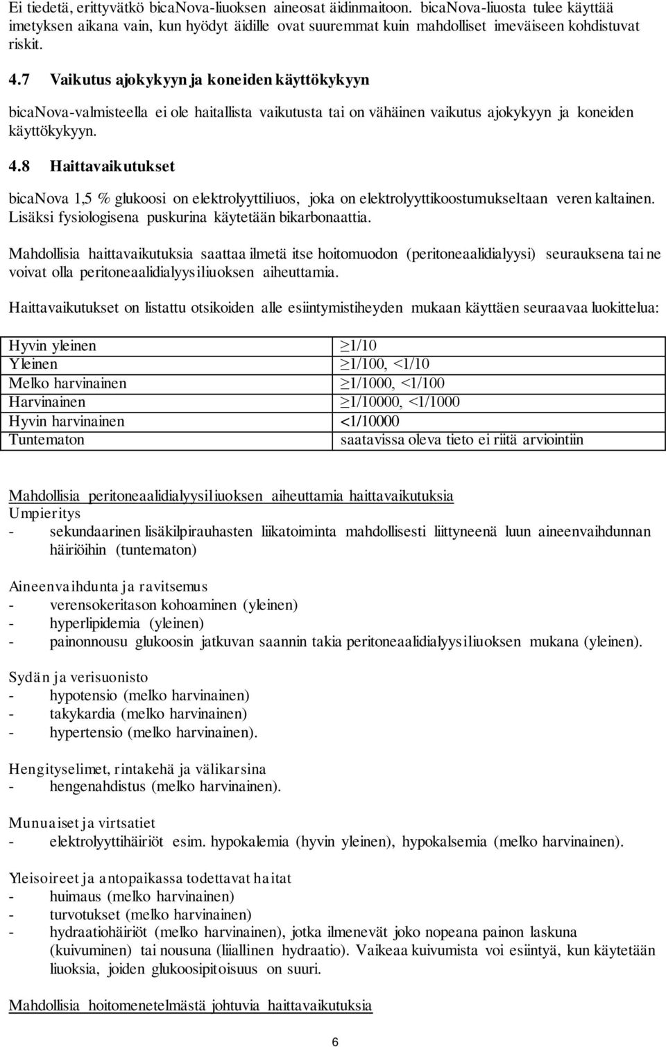 8 Haittavaikutukset bicanova 1,5 % glukoosi on elektrolyyttiliuos, joka on elektrolyyttikoostumukseltaan veren kaltainen. Lisäksi fysiologisena puskurina käytetään bikarbonaattia.