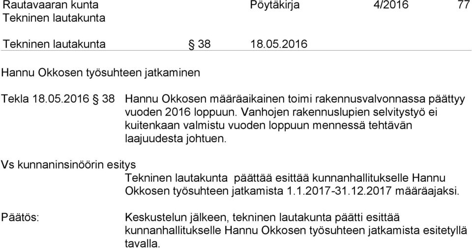 Vs kunnaninsinöörin esitys päättää esittää kunnanhallitukselle Hannu Okkosen työsuhteen jatkamista 1.1.2017-31.12.2017 määräajaksi.