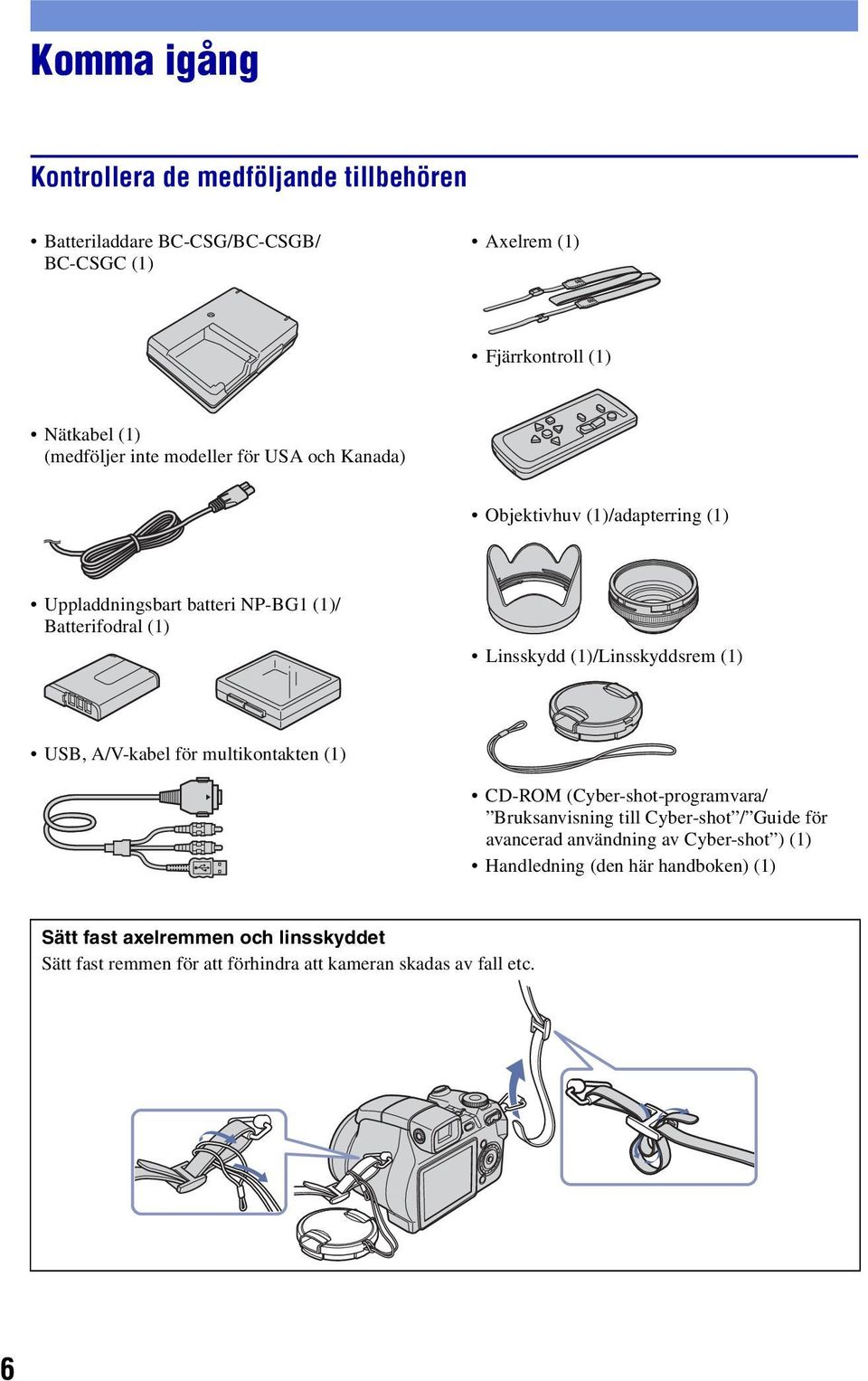 (1) USB, A/V-kabel för multikontakten (1) CD-ROM (Cyber-shot-programvara/ Bruksanvisning till Cyber-shot / Guide för avancerad användning av