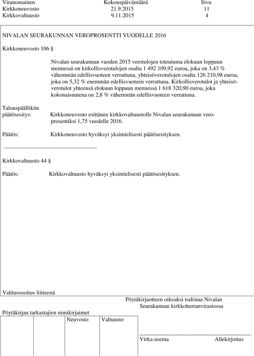 2015 4 NIVALAN SEURAKUNNAN VEROPROSENTTI VUODELLE 2016 Kirkkoneuvosto 106 Nivalan seurakunnan vuoden 2015 verotulojen toteutuma elokuun loppuun mennessä on kirkollisverotulojen osalta 1 492 109,92
