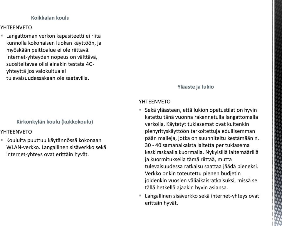 YHTEENVETO Kirkonkylän koulu (kukkokoulu) Koululta puuttuu käytännössä kokonaan WLAN-verkko. Langallinen sisäverkko sekä internet-yhteys ovat erittäin hyvät.
