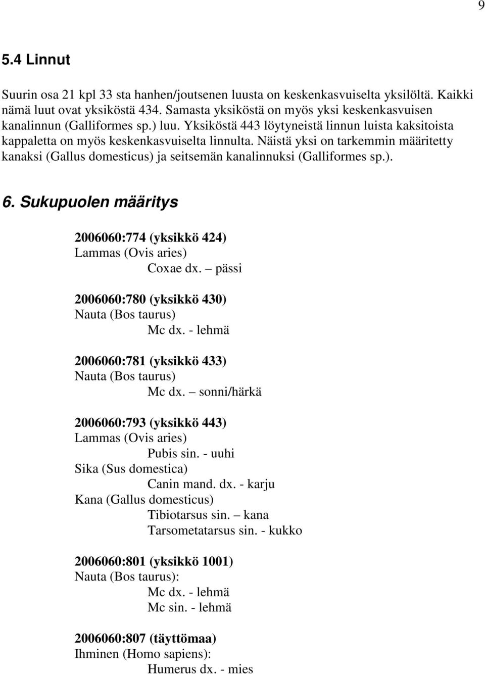 Näistä yksi on tarkemmin määritetty kanaksi (Gallus domesticus) ja seitsemän kanalinnuksi (Galliformes sp.). 6. Sukupuolen määritys 2006060:774 (yksikkö 424) Lammas (Ovis aries) Coxae dx.