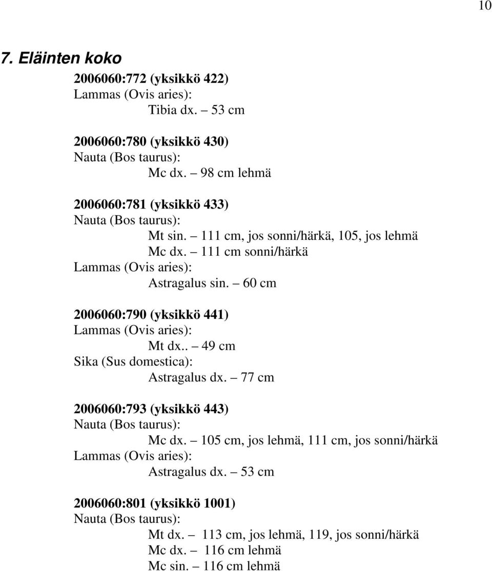 60 cm 2006060:790 (yksikkö 441) Lammas (Ovis aries): Mt dx.. 49 cm Sika (Sus domestica): Astragalus dx. 77 cm 2006060:793 (yksikkö 443) Nauta (Bos taurus): Mc dx.