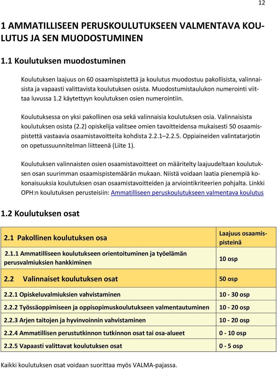 Muodostumistaulukon numerointi viittaa luvussa 1.2 käytettyyn koulutuksen osien numerointiin. Koulutuksessa on yksi pakollinen osa sekä valinnaisia koulutuksen osia.