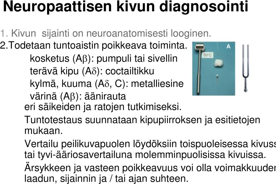 ratojen tutkimiseksi. Tuntotestaus suunnataan kipupiirroksen ja esitietojen mukaan.