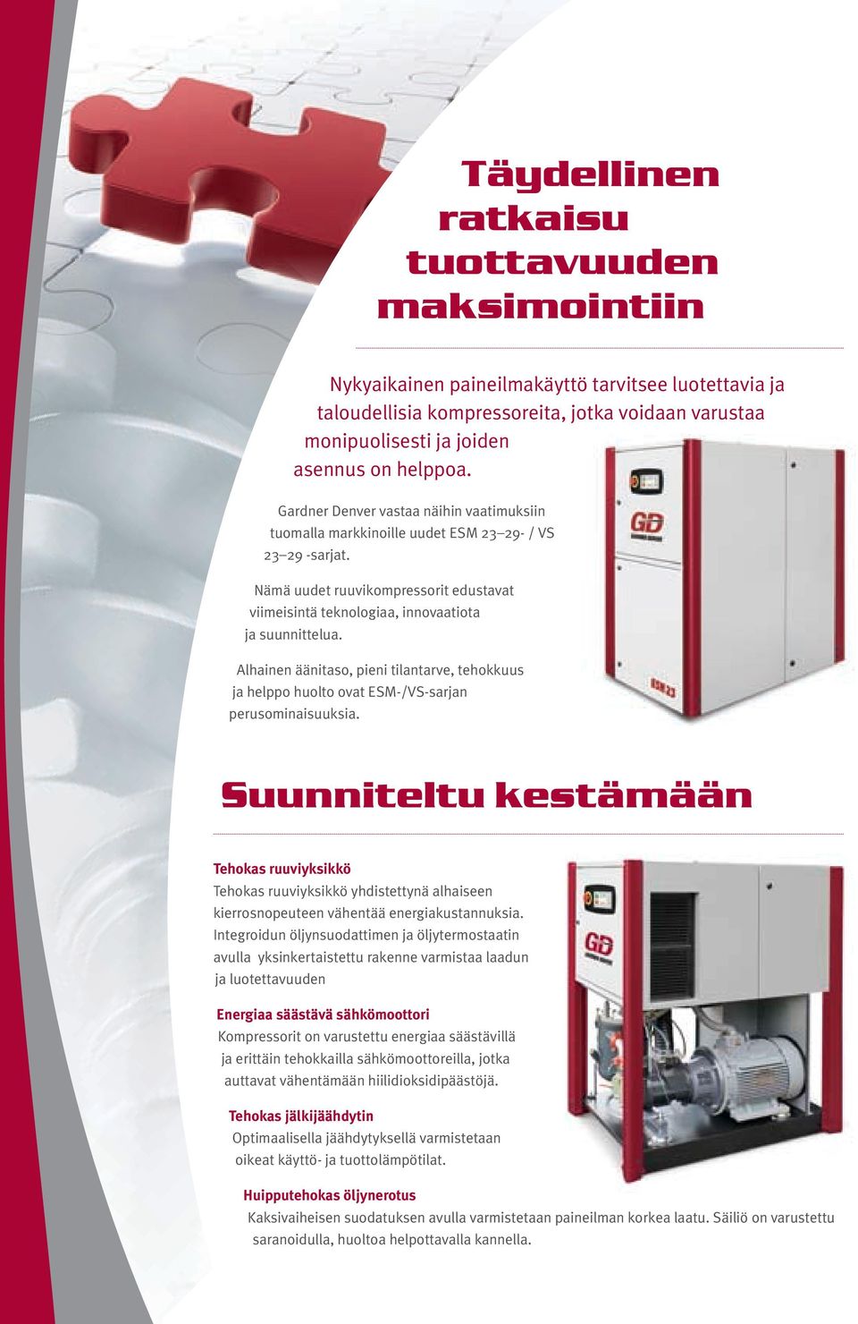 Alhainen äänitaso, pieni tilantarve, tehokkuus ja helppo huolto ovat ESM-/VS-sarjan perusominaisuuksia.