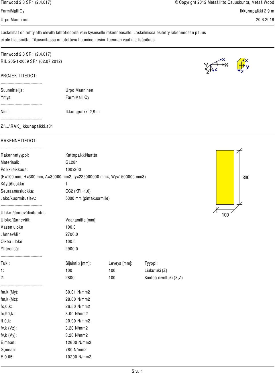 s01 R AKENNETI EDOT: Rakennetyyppi: Kattopalkki/laatta Materiaali: GL28h Poikkileikkaus: 100x300 (B=100 mm, H=300 mm, A=30000 mm2, Iy=225000000 mm4, Wy=1500000 mm3) Käyttöluokka: 1 Seuraamusluokka: