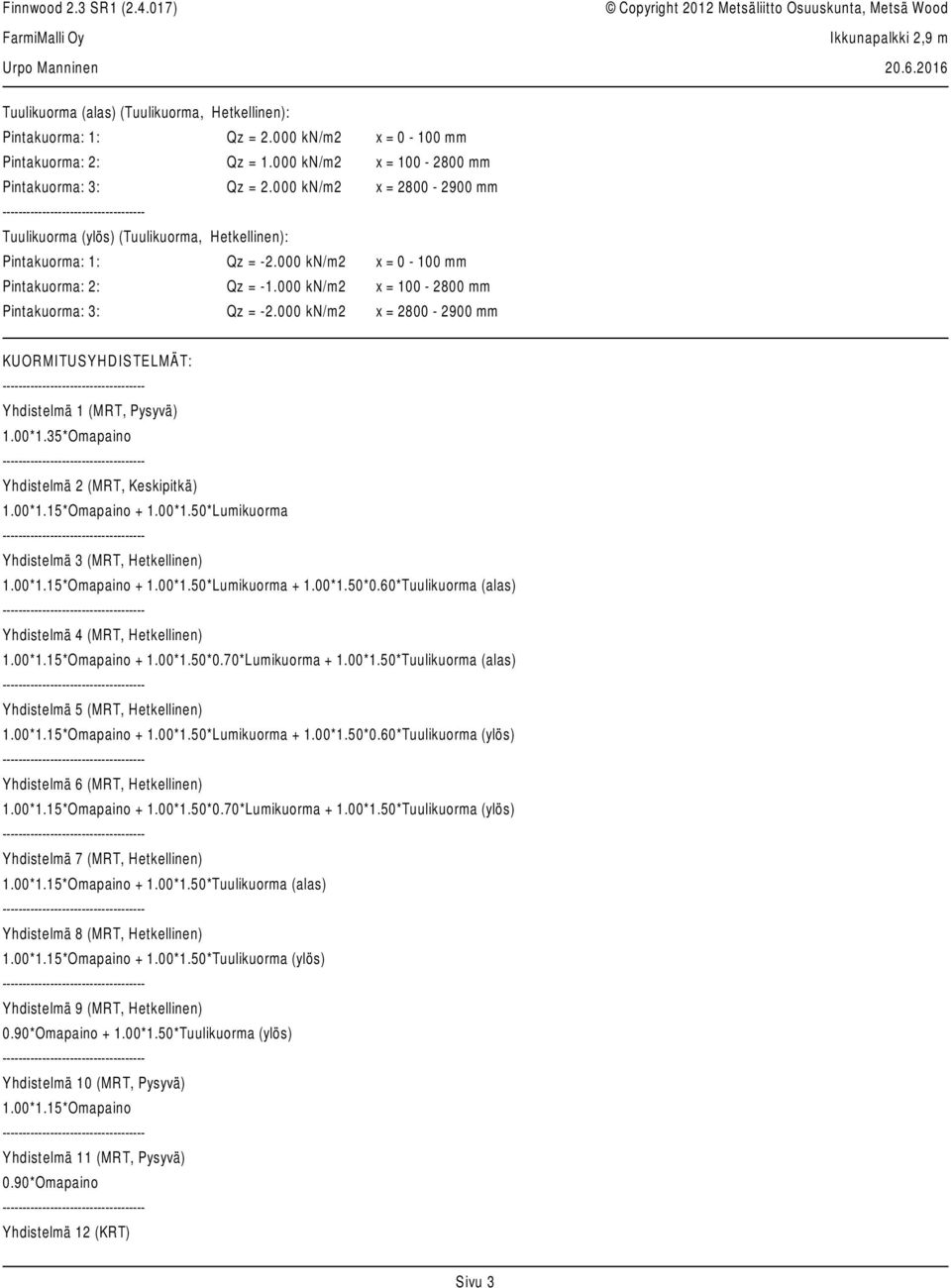 000 kn/m2 x = 2800-2900 mm KU OR MITU SYHDISTELMÄT: Yhdistelmä 1 (MRT, Pysyvä) 1.00*1.35*Omapaino Yhdistelmä 2 (MRT, Keskipitkä) 1.00*1.15*Omapaino + 1.00*1.50*Lumikuorma Yhdistelmä 3 (MRT, Hetkellinen) 1.