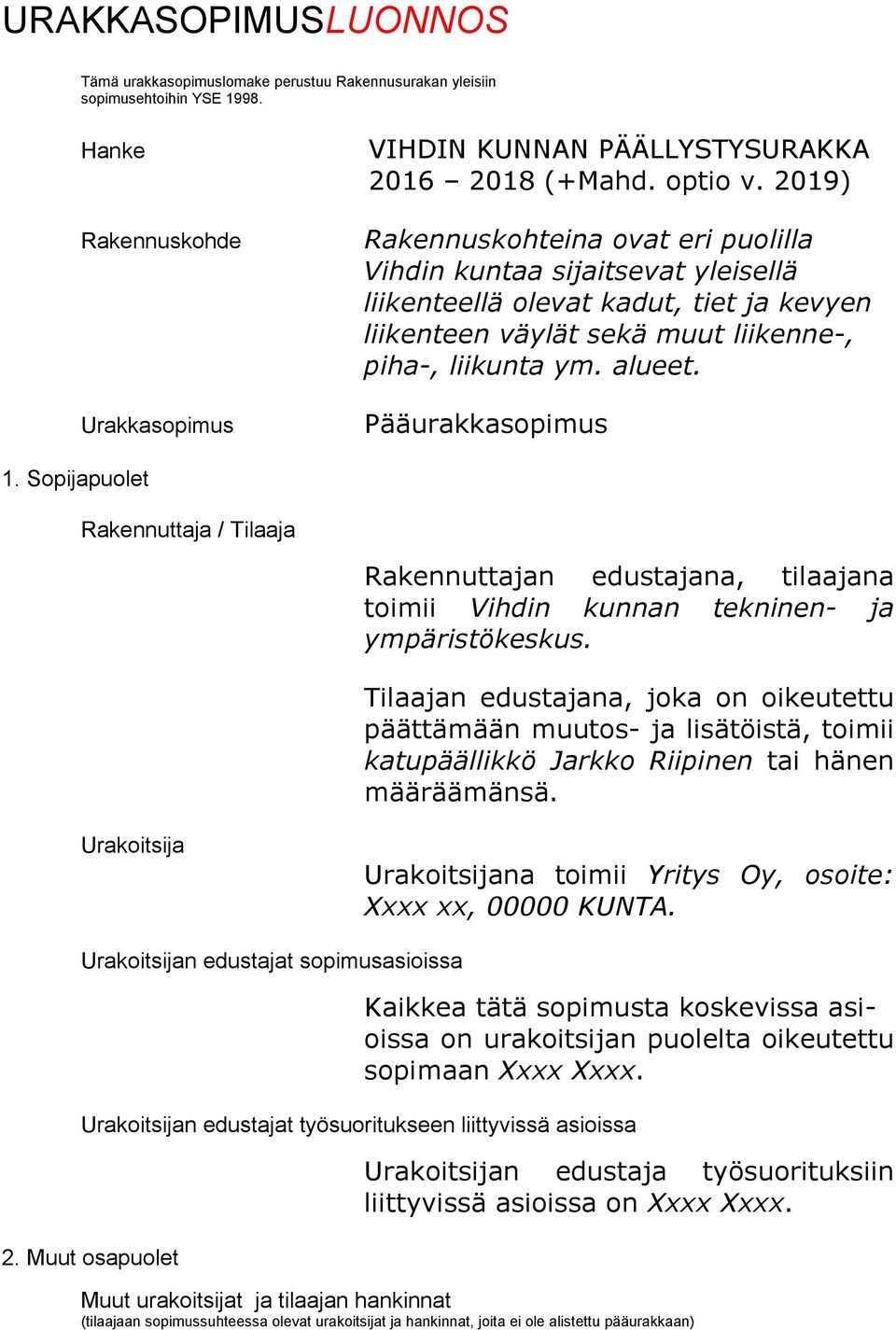 Pääurakkasopimus 1. Sopijapuolet Rakennuttaja / Tilaaja Rakennuttajan edustajana, tilaajana toimii Vihdin kunnan tekninen- ja ympäristökeskus.