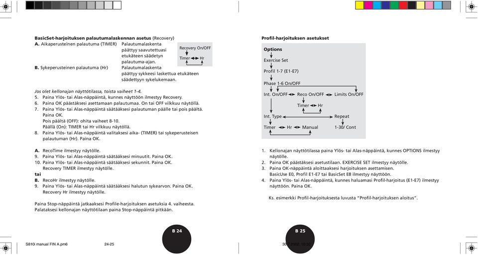 Paina Ylös- tai Alas-näppäintä, kunnes näyttöön ilmestyy Recovery. 6. Paina OK päästäksesi asettamaan palautumaa. On tai OFF vilkkuu näytöllä. 7.