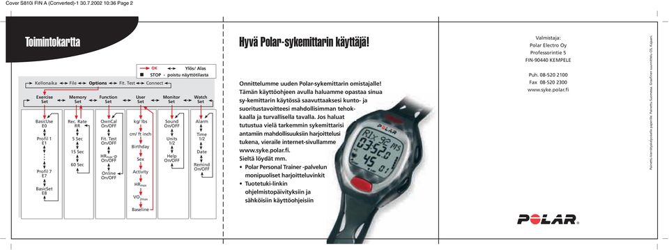 Test On/OFF HR max-p On/OFF Online On/OFF kg/ lbs cm/ ft inch Birthday Sex Activity HR max VO 2max Sound On/OFF Units 1/2 Help On/OFF Alarm Time 1/2 Date Remind On/OFF Hyvä Polar-sykemittarin