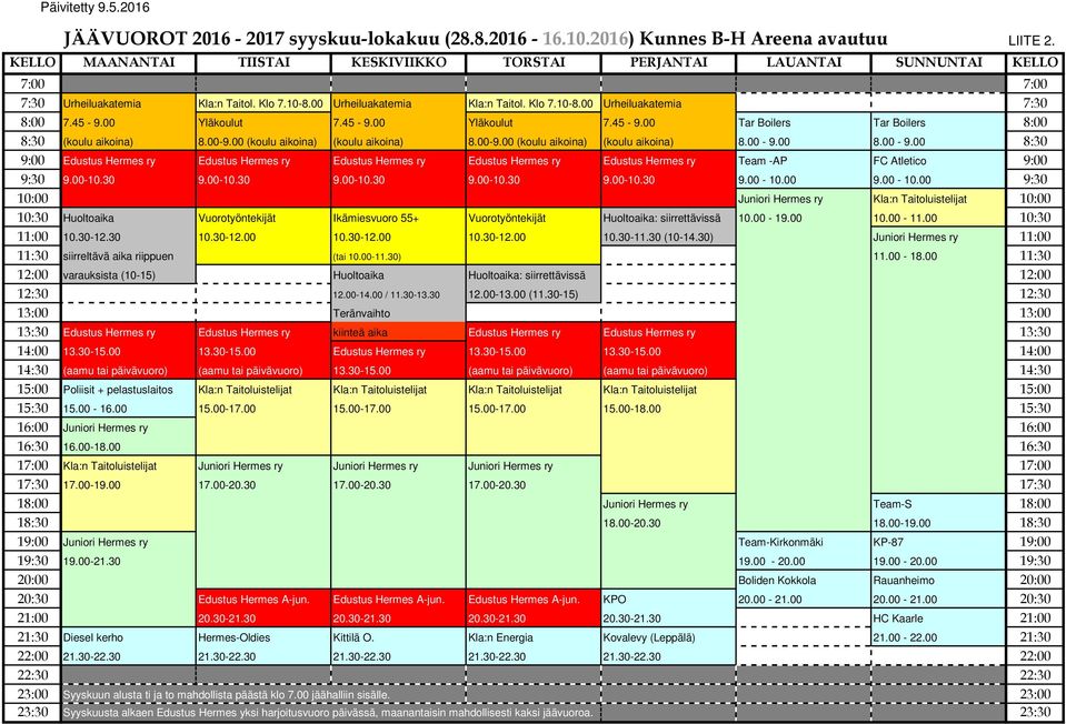 00 (koulu aikoina) (koulu aikoina) 8.00-9.00 (koulu aikoina) (koulu aikoina) 8.00-9.00 8.00-9.00 8:30 9:00 Edustus Hermes ry Edustus Hermes ry Edustus Hermes ry Edustus Hermes ry Edustus Hermes ry Team -AP FC Atletico 9:00 9:30 9.