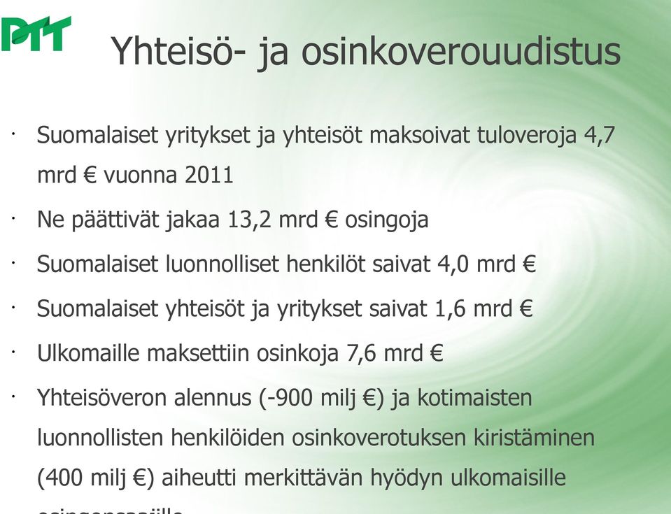 yritykset saivat 1,6 mrd Ulkomaille maksettiin osinkoja 7,6 mrd Yhteisöveron alennus (-900 milj ) ja